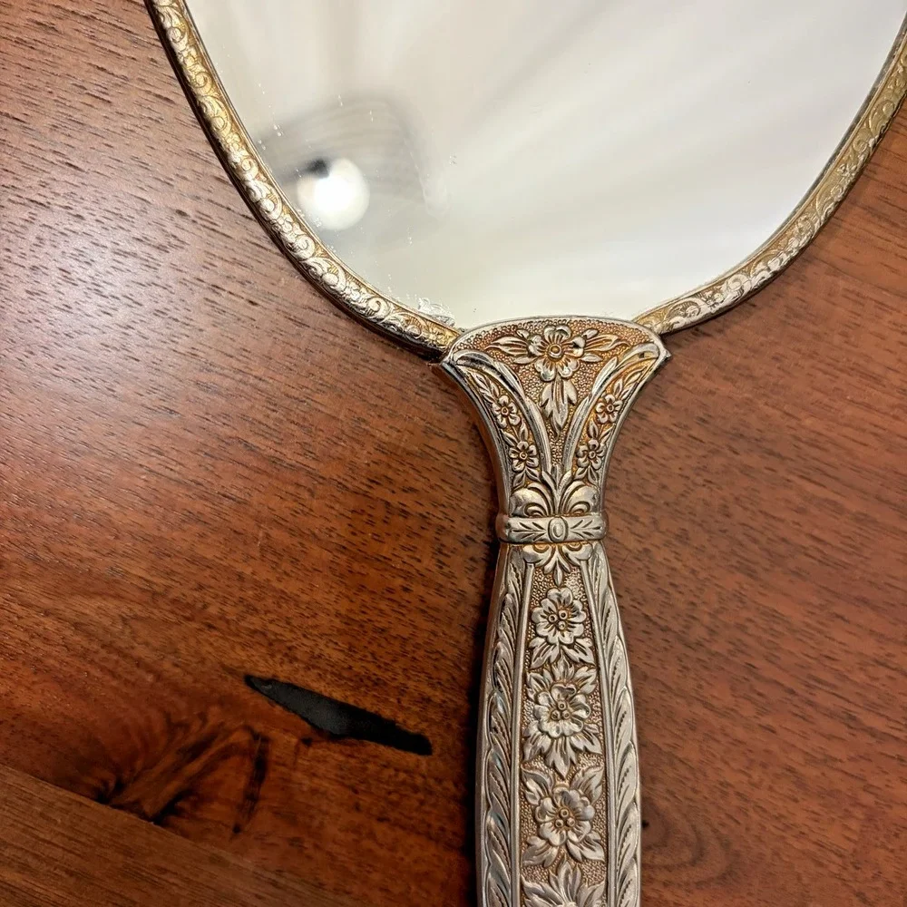 Vintage 1950s Hollywood Regency Gold Plated Mirror Brush Comb Vanity Set Bird